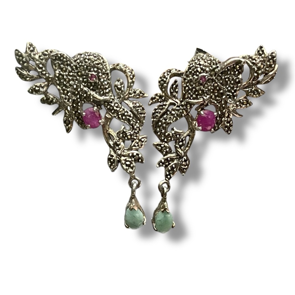 Vintage 925 Sterling Marcasite Emerald Ruby Elephant Post Earrings FairyCore